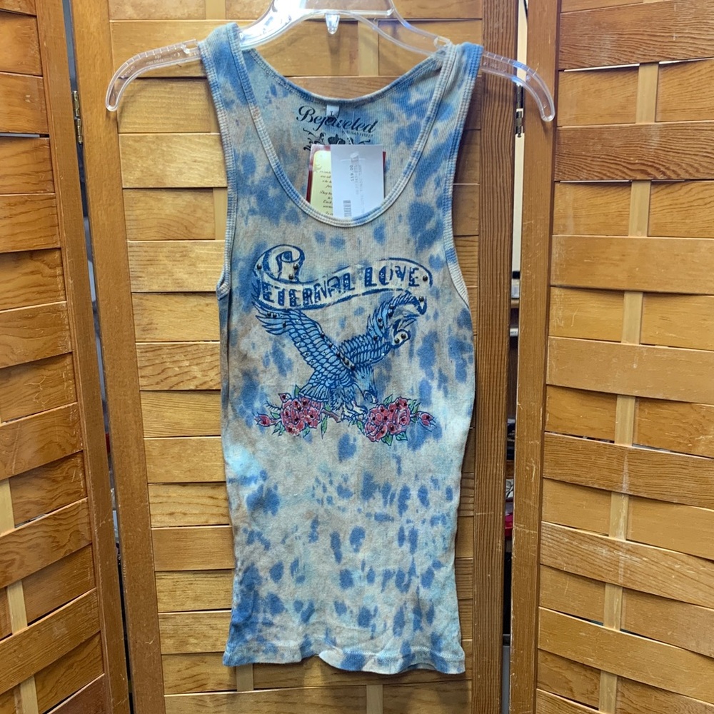BEJEWELED by Susan Fixel Blue and Beige Swarovski crystal Tye-Dye Tank Top- NWT